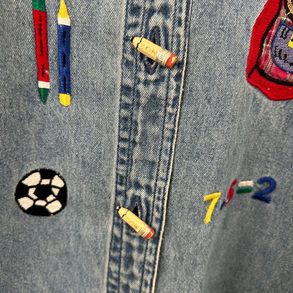 💗Sold💗not for sale💗Women Teacher Denim Button Up Top Long Sleeve Artsy School Bl - Picture 2 of 11